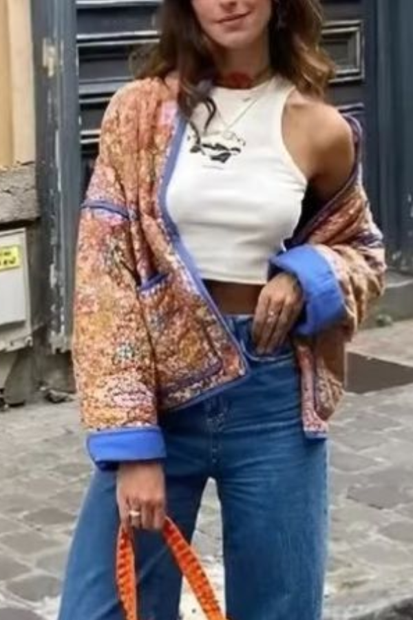R&B | Colorblock Große Tasche Stehkragen Steppjacke aus Baumwolle