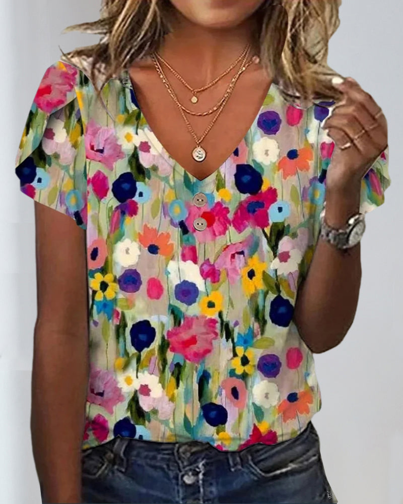 R&B | Kurzärmlige Farbenfrohe Blumenbluse mit V-Ausschnitt