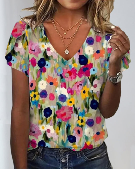 R&B | Kurzärmlige Farbenfrohe Blumenbluse mit V-Ausschnitt