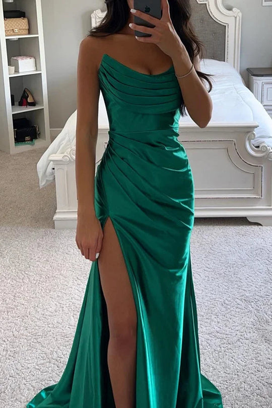 R&B | Glänzendes Satin Off-Shoulder Falten Spalte Abend Maxi Kleid