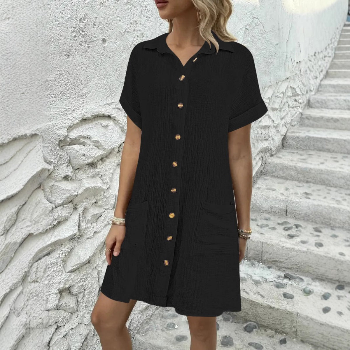 R&B | Einfarbiges Hemdkleid mit Revers und Knöpfen