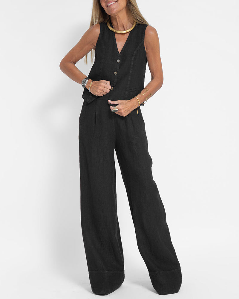 R&B | Elegantes 2-Teiliges Set Leinen Weite Hose & Weste