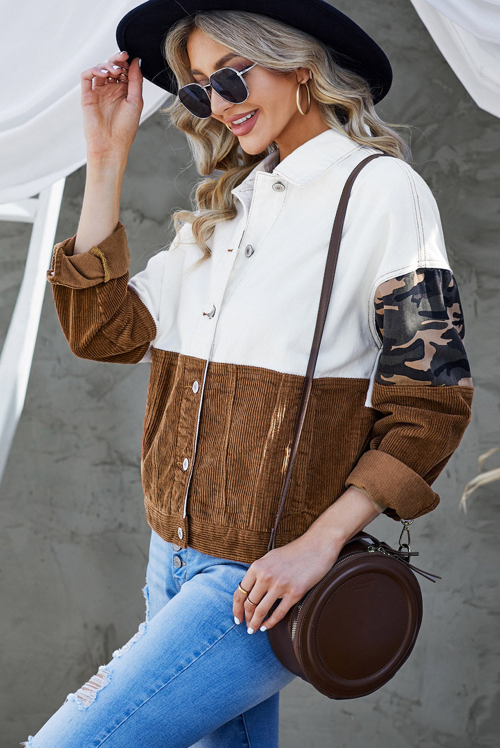 R&B | Leopard Farbblock Knopfleiste Cord Baumwolljacke