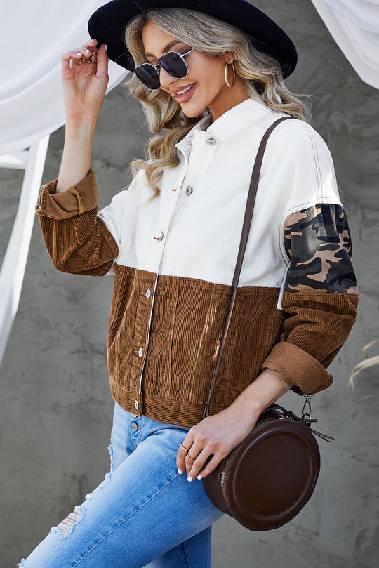 R&B | Leopard Farbblock Knopfleiste Cord Baumwolljacke