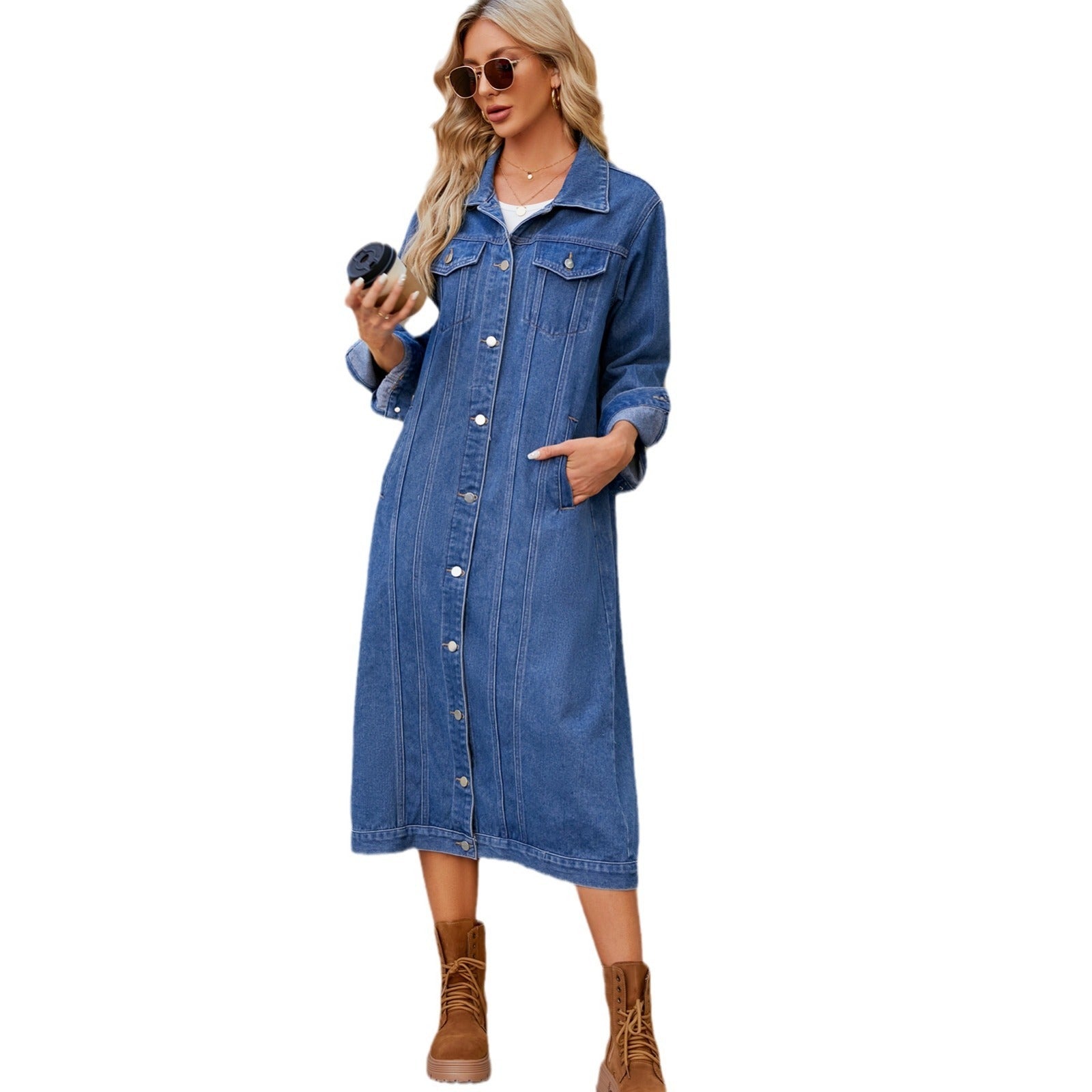 R&B | Lang Denimjacke Knopfverschluss Lässig und Trendy
