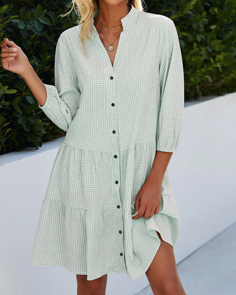 R&B | Kariertes A-Linien-Kleid mit Knopfleiste für Damen Ähnelt Einem Hemdblusenkleid