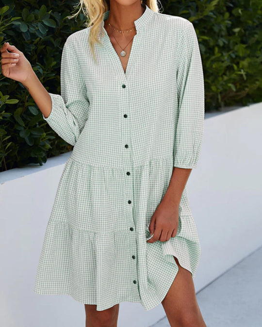 R&B | Kariertes A-Linien-Kleid mit Knopfleiste für Damen Ähnelt Einem Hemdblusenkleid