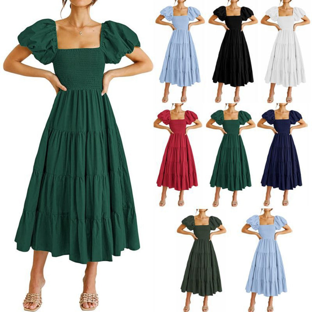 R&B | Plissee-Kleid mit quadratischem Ausschnitt und Neckholder-Blasenärmeln