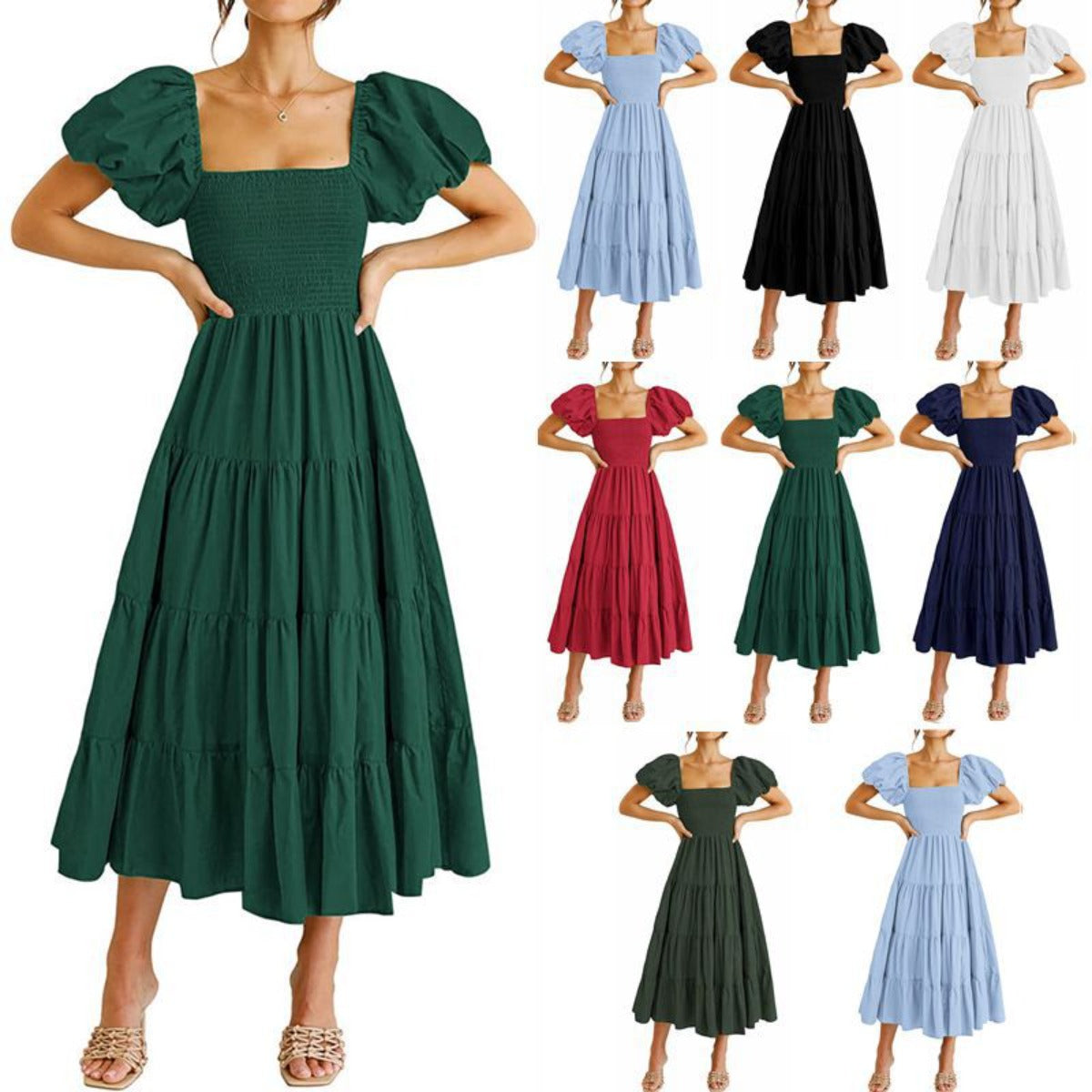 R&B | Plissee-Kleid mit quadratischem Ausschnitt und Neckholder-Blasenärmeln