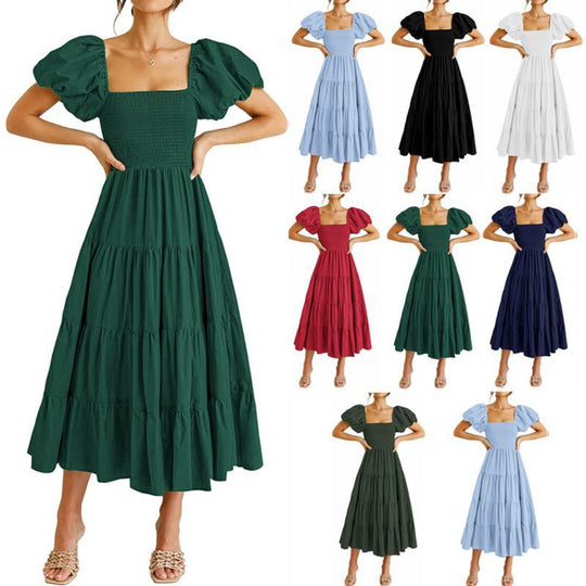 R&B | Plissee-Kleid mit quadratischem Ausschnitt und Neckholder-Blasenärmeln