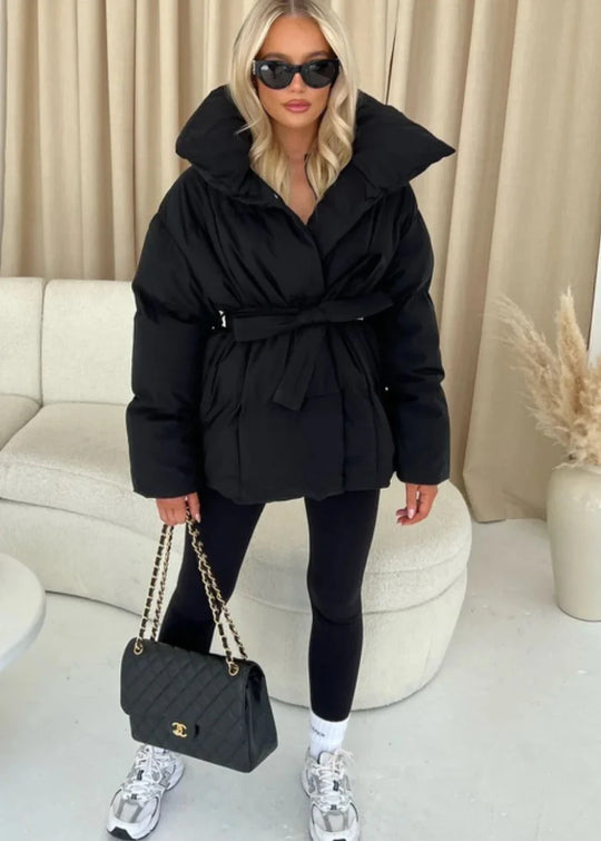 R&B | jack mit Gürtel für Damen - warmer brauner Jacke mit oversized Kragen