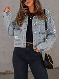 R&B | Perlenbesatz Knopf-Down Denimjacke mit Taschen