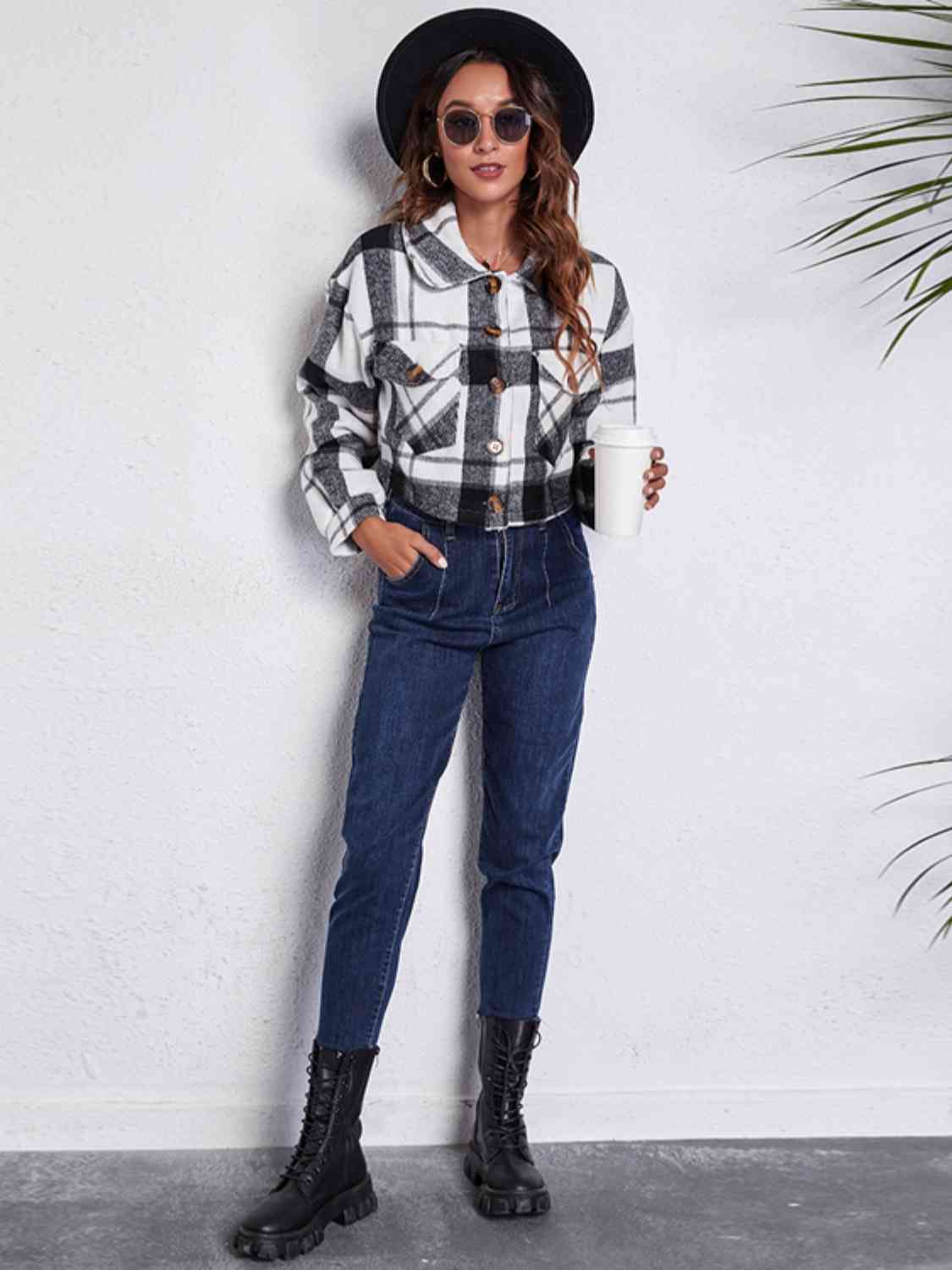 R&B | Karierter Knopf-Front-Jacke mit Taschen