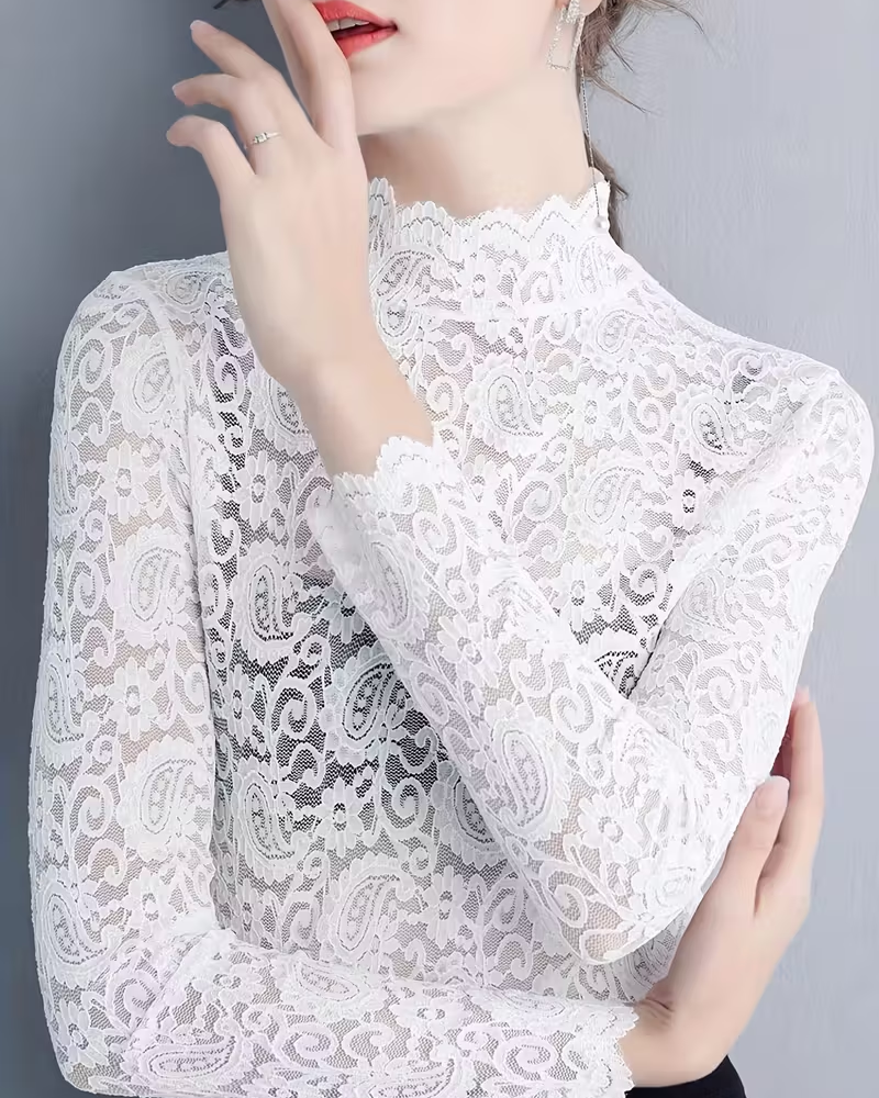 R&B | Elegant Unifarben Halbausschnitt Langarm Spitze