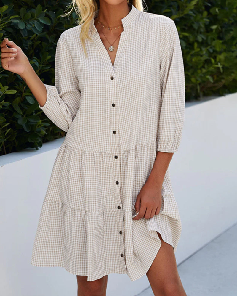 R&B | Kariertes A-Linien-Kleid mit Knopfleiste für Damen Ähnelt Einem Hemdblusenkleid