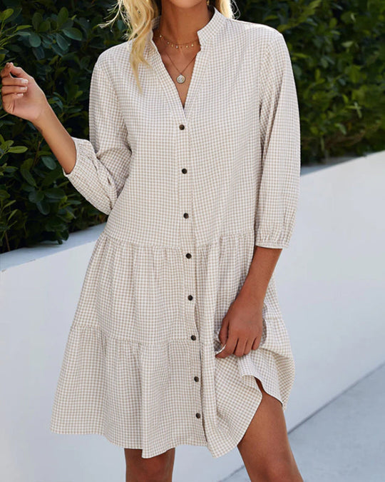 R&B | Kariertes A-Linien-Kleid mit Knopfleiste für Damen Ähnelt Einem Hemdblusenkleid