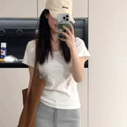 Damen Baumwolle U-Ausschnitt Kurzarm T-Shirt Weiß
