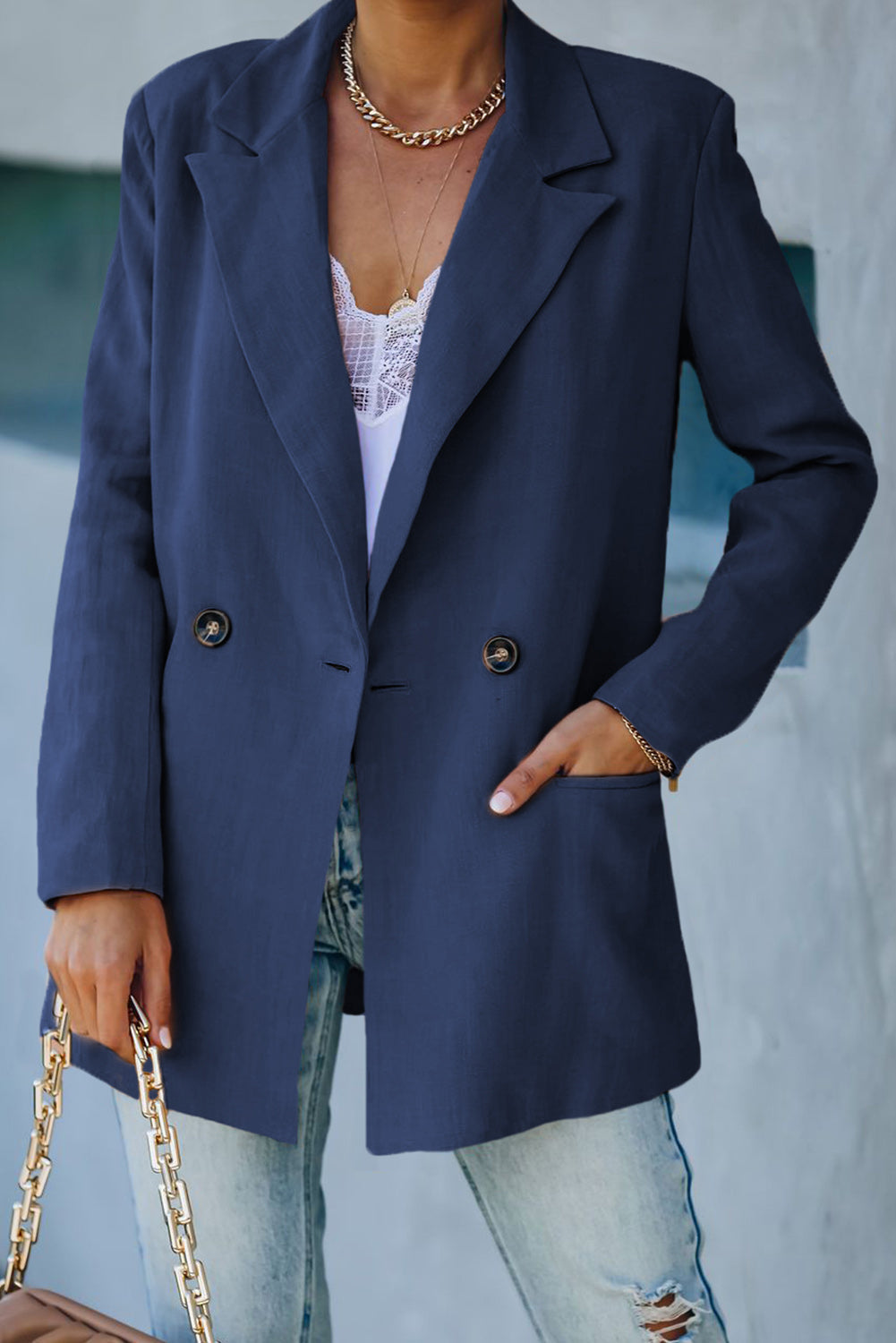 R&B | Doppelreihiger Blazer mit gepolsterten Schultern und Taschen