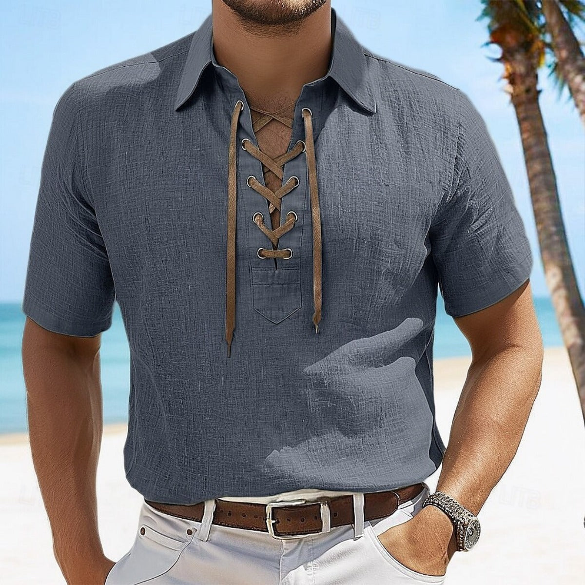 R&B | Leinen Revers Tether V-Ausschnitt Kurzarm-Shirt