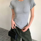 Damen Kurzarm Rundhals T-Shirt Slim Fit Grau