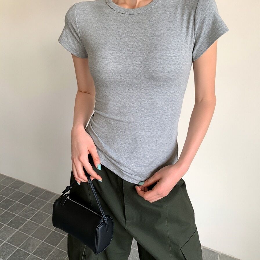 Damen Kurzarm Rundhals T-Shirt Slim Fit Grau