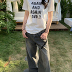 Damen Kurzarm T-Shirt mit Buchstaben Print Slim Fit Weiß