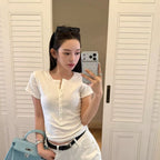Damen Kurzarm T-Shirt mit Knopfleiste Slim Fit