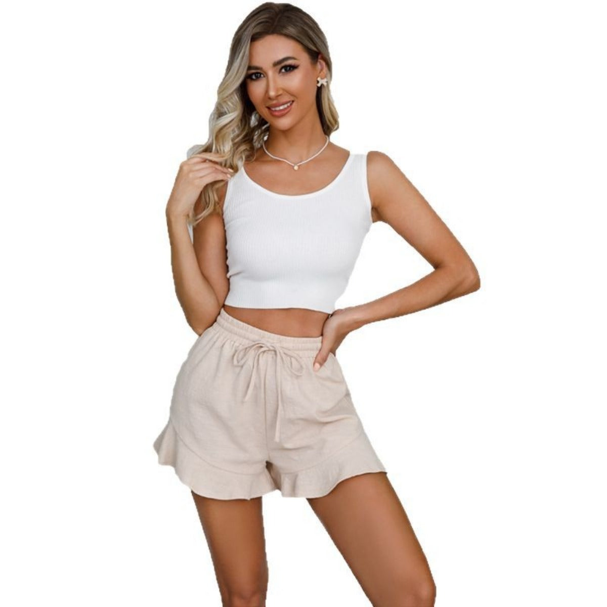 R&B | Shorts aus Baumwolle und Leinen mit Rüschenbesatz und Kordelzug für Damen