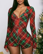 R&B | Weihnachtskaromuster V-Ausschnitt Langarm Einteiler Shorts