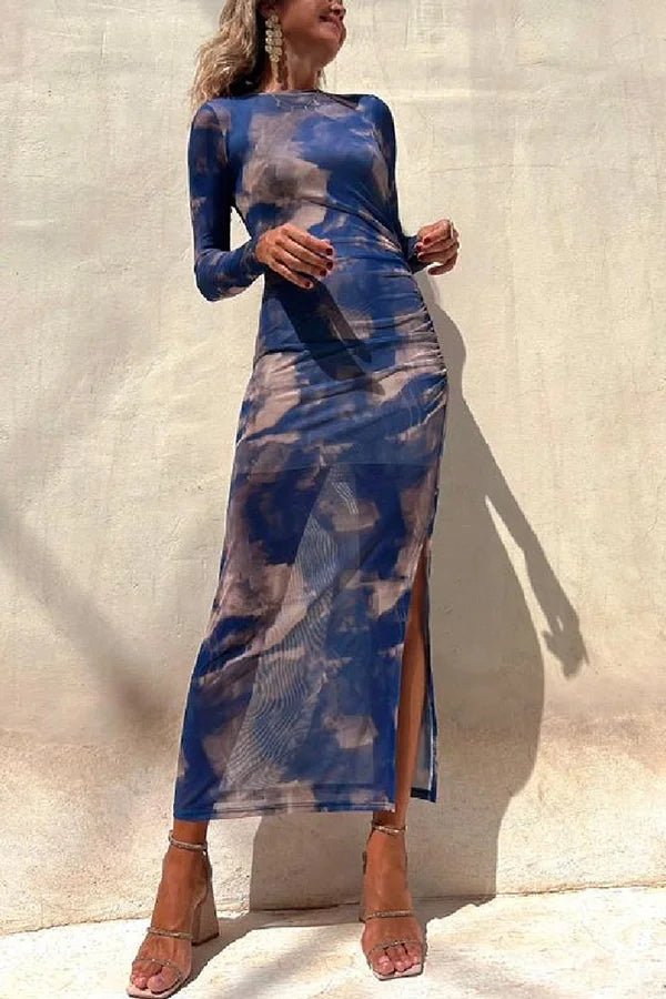 R&B | Charm Lady Mesh Overlay Tie Dye Print Langarm Rüsch Stretch Midi Kleid