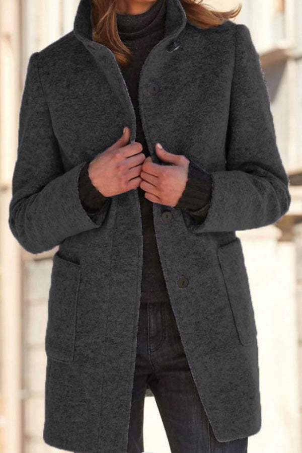 R&B | Unifarbene Knopf Stehkragen Wolljacke