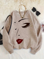 R&B | Sweatshirt mit Gesichtsdruck Baumwolle Künstlerisch und Bequem