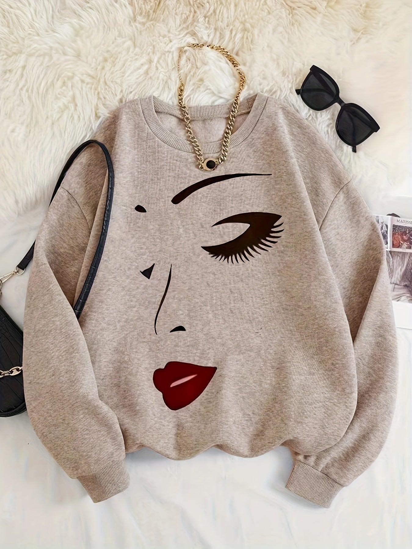 R&B | Sweatshirt mit Gesichtsdruck Baumwolle Künstlerisch und Bequem