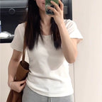 Damen Baumwolle U-Ausschnitt Kurzarm T-Shirt Weiß