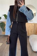 R&B | Lässige Denim-Patchwork-Sweatshirtjacke mit Reißverschluss