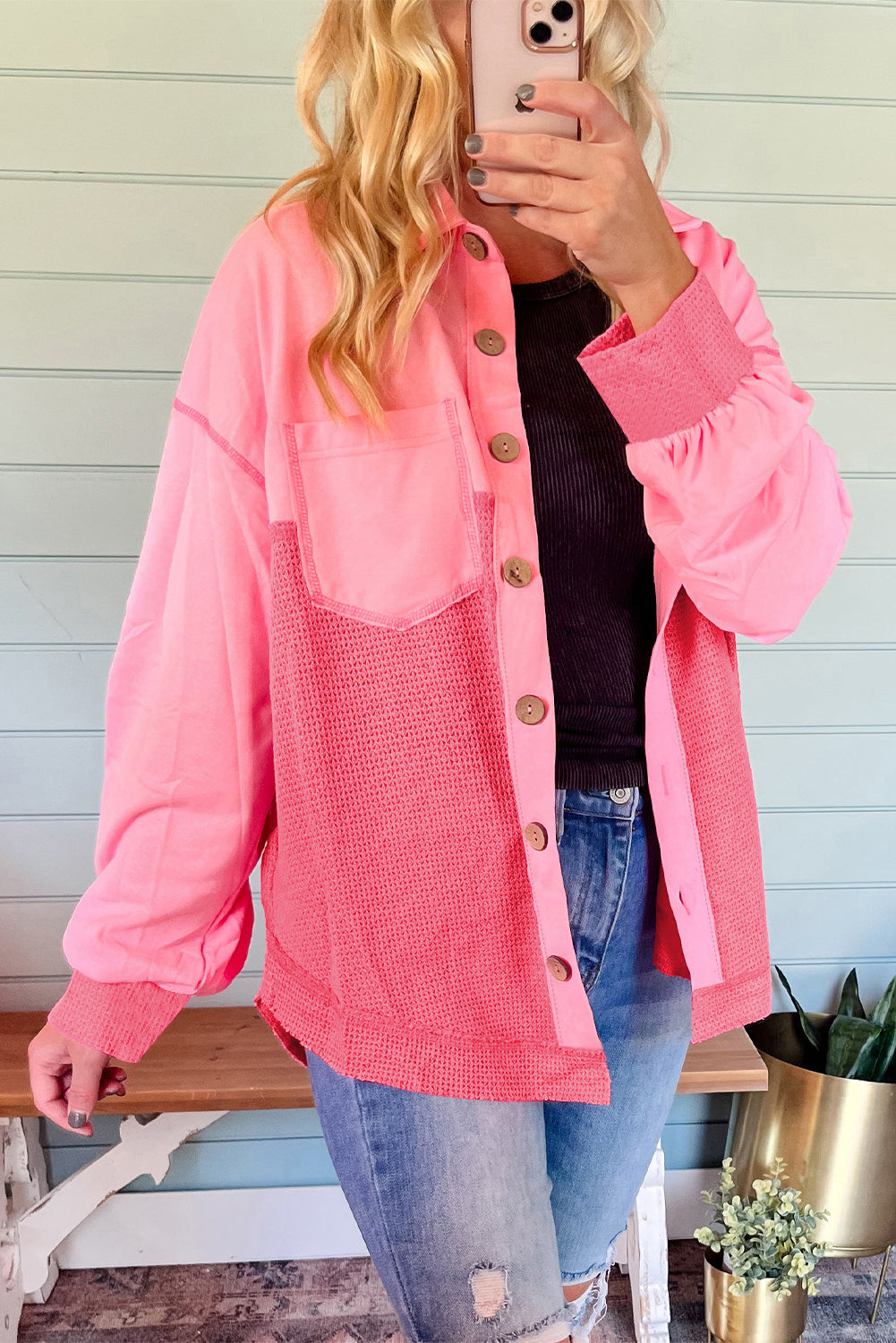 R&B | Zweifarbige Waffelstrickhemdjacke Baumwollmischung LR&Bendiger Komfort