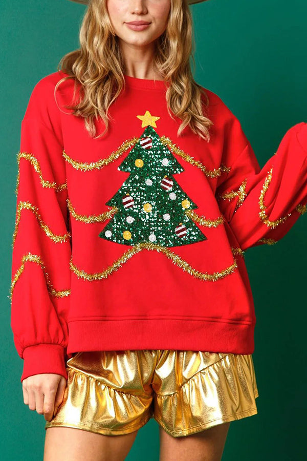 R&B | Weihnachtsbaum Pailletten Langarm Lockeres Sweatshirt