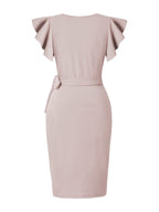 R&B | Kleid mit V-Ausschnitt und plissierten Hornärmeln an der Hüfte