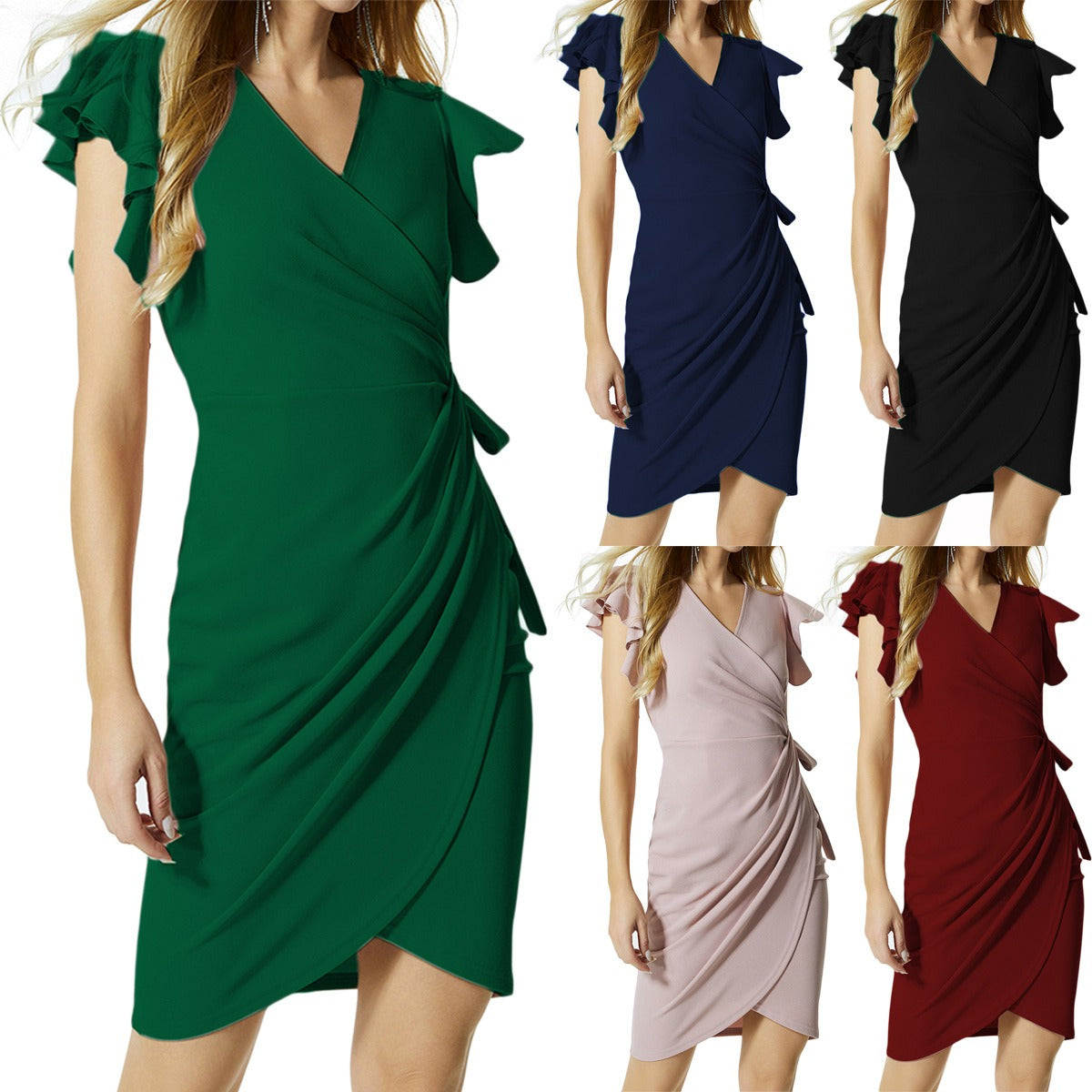 R&B | Kleid mit V-Ausschnitt und plissierten Hornärmeln an der Hüfte