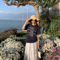 Damen Kurzarm T-Shirt mit Buchstaben Print Schwarz