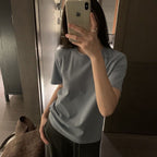 Damen Rundhals Kurzarm T-Shirt Einfarbig Slim Fit