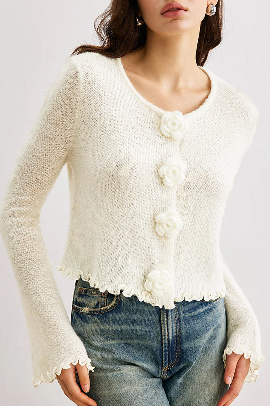 R&B | Schmaler, Floral Strickcardigan mit Rüschen