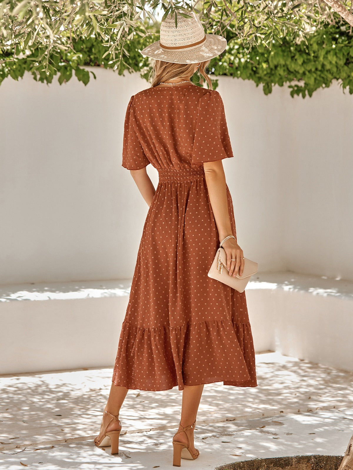 R&B | V-Ausschnitt Lotusblatt Ärmel solide Farbe Kleid Frauen