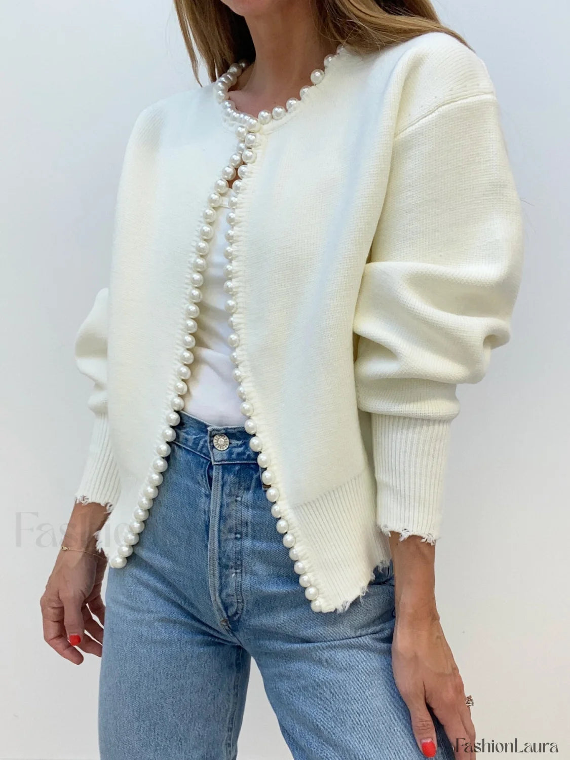 R&B | Strickjacke mit Perlenverzierungen und Fransigem Saum