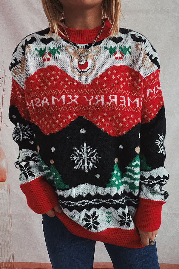 R&B | Weihnachtsmuster Gestrickter Rundhalsausschnitt Langarmpullover