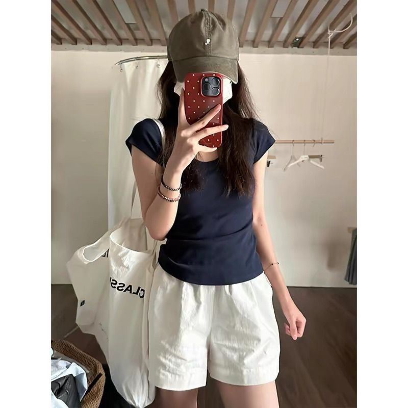 Damen Kurzarm T-Shirt Einfarbig Slim Fit