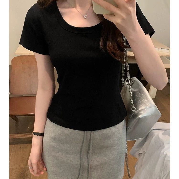 Damen Baumwolle U-Ausschnitt Kurzarm T-Shirt Weiß