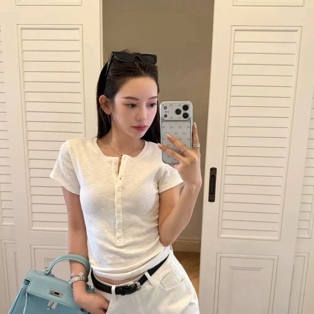 Damen Kurzarm T-Shirt mit Knopfleiste Slim Fit