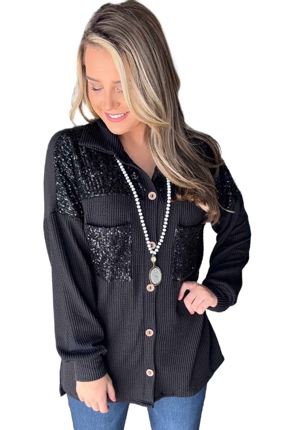 R&B | Gerippte Blusenjacke mit Pailletten-details Polyester-mischung Festlich und Trendy