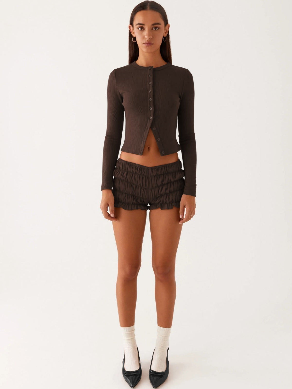 R&B | Einfarbige schmal geschnittene lange Strickjacke